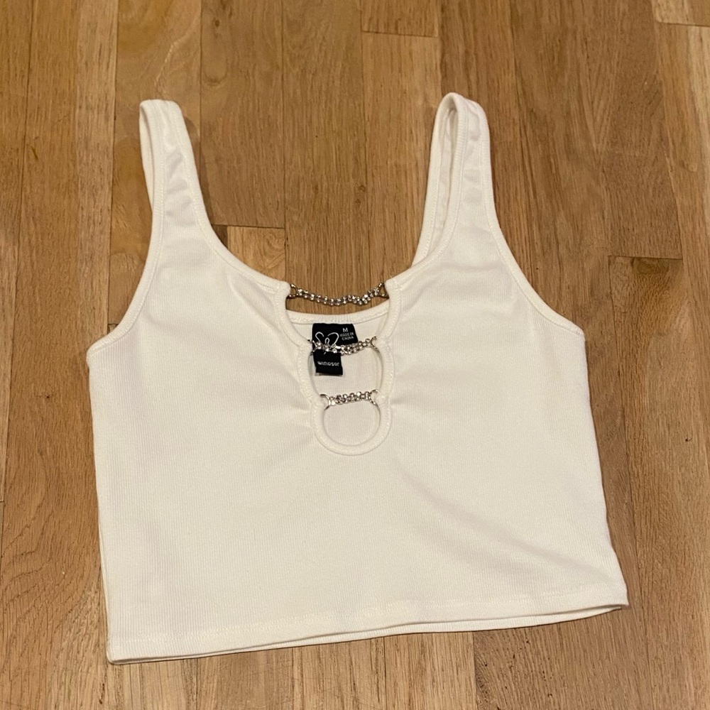 Windsor White Tank Top with Bling 3 Chain Accent